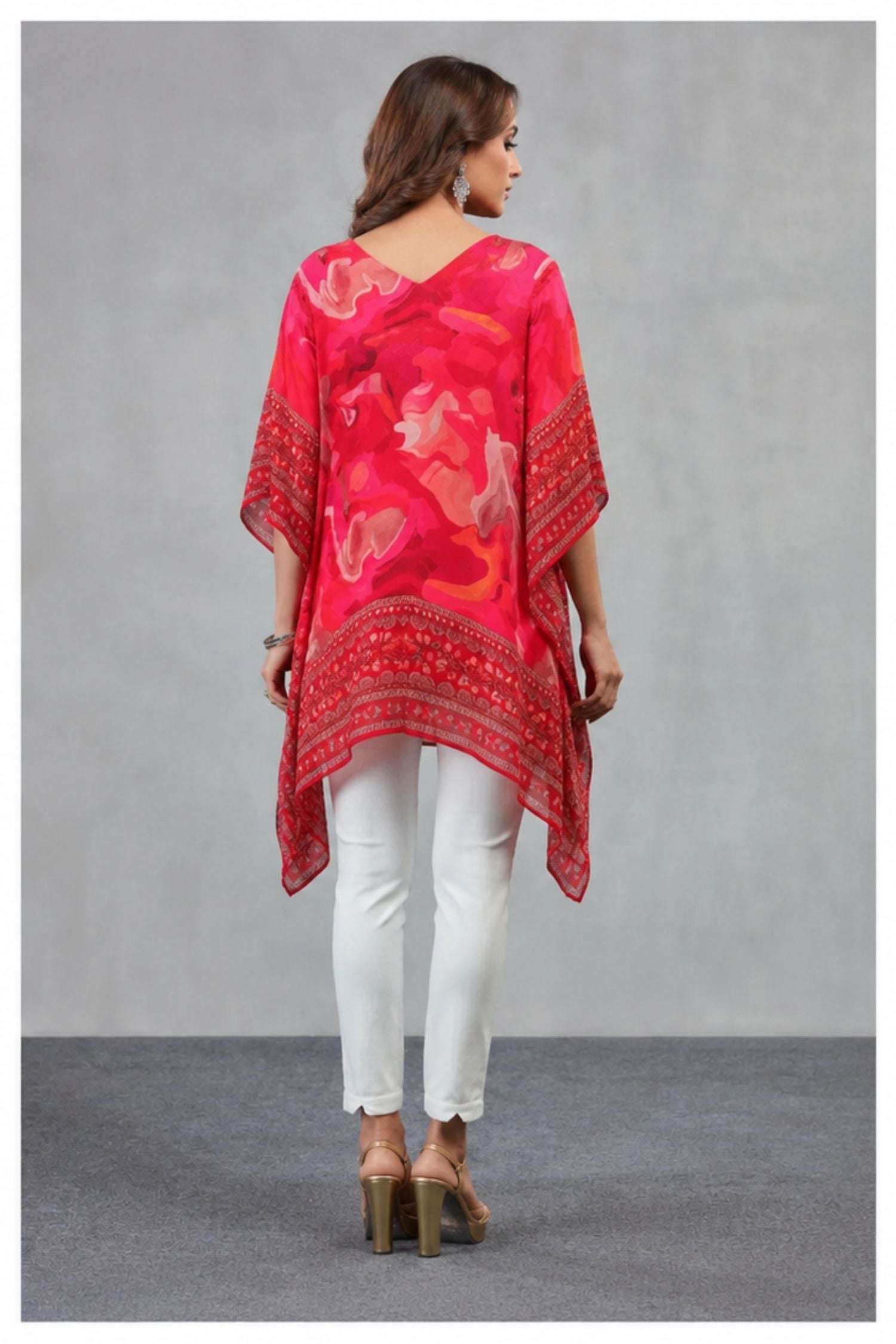 Red Abstract Print Chinon Short Kaftan