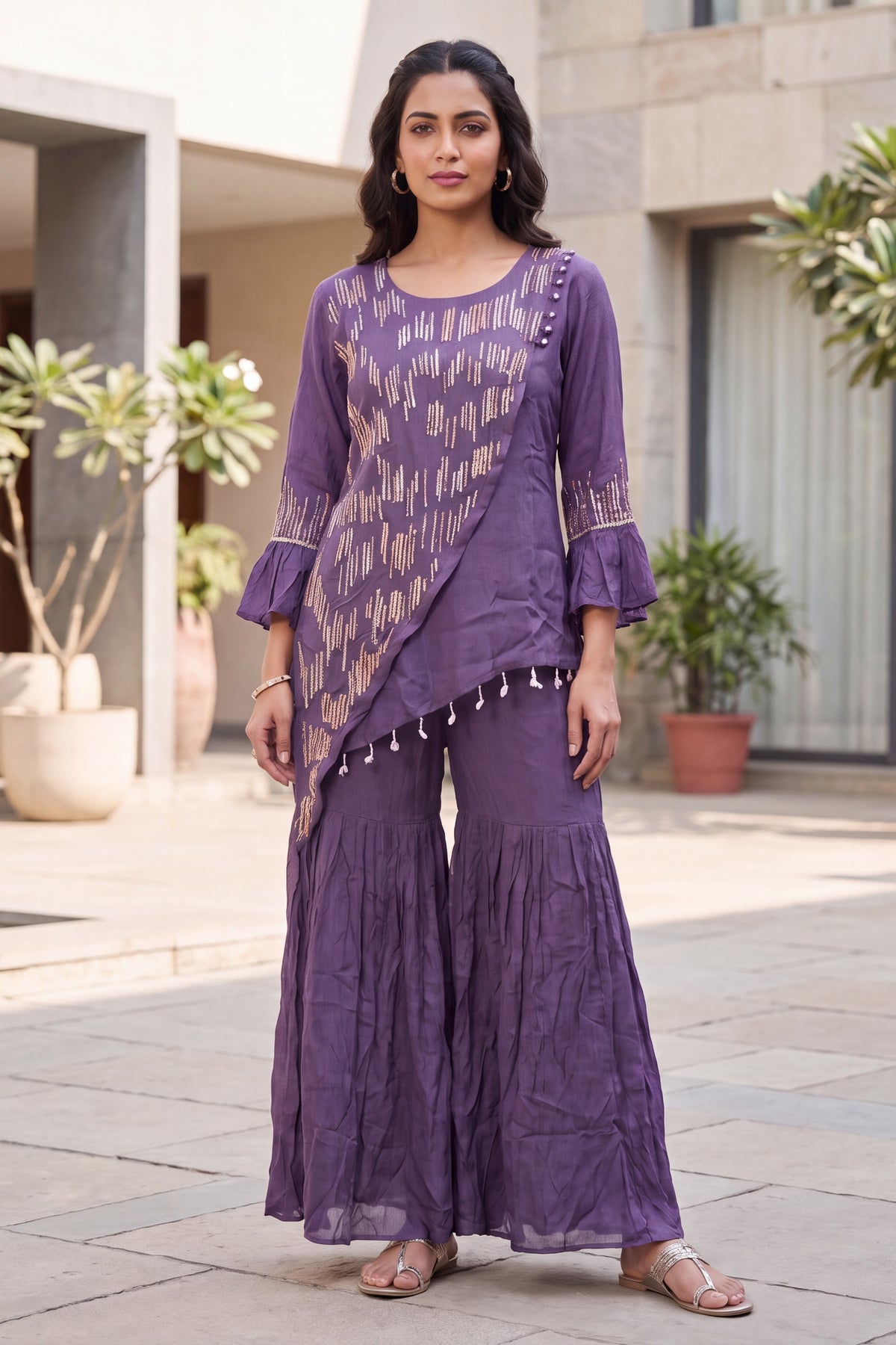 Purple Asymmetric Embroidered Coord Set