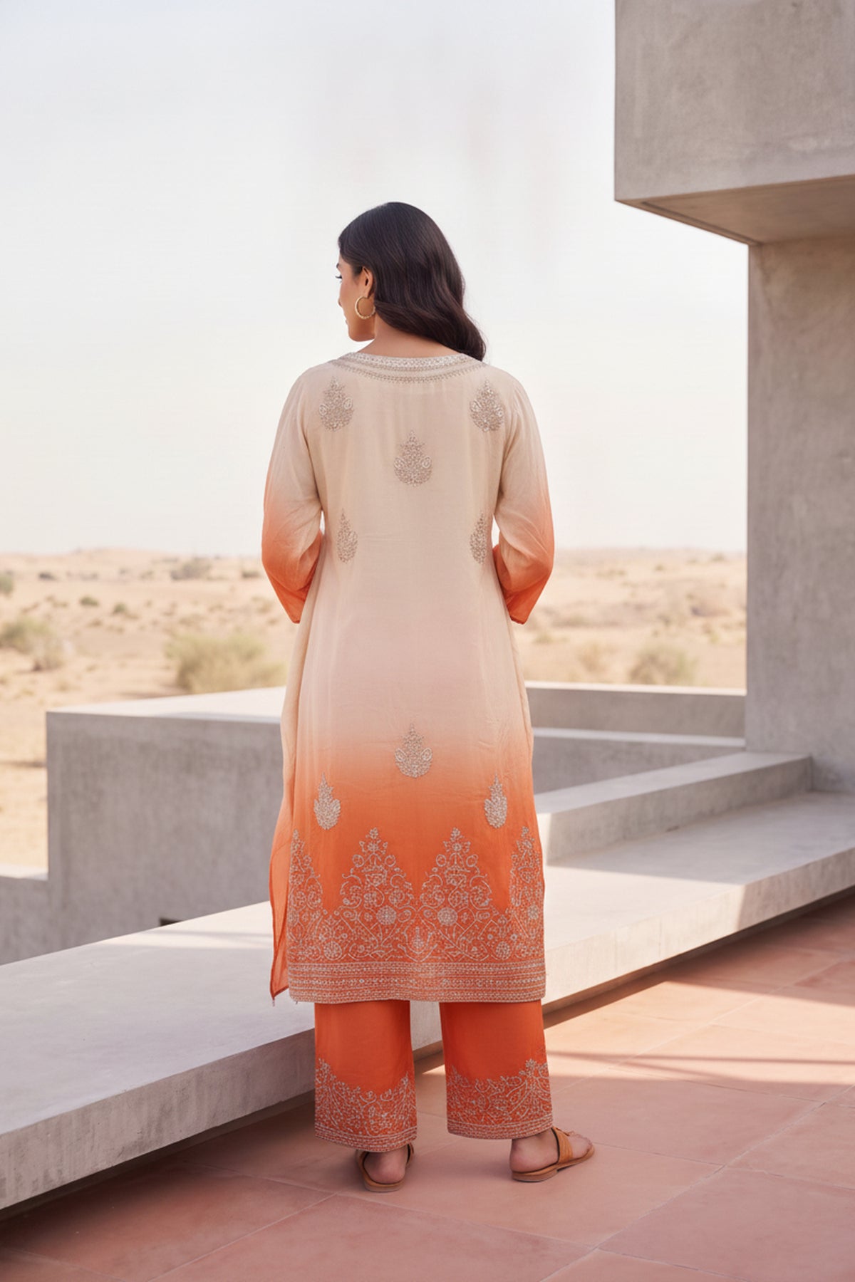 Orange Ombre Embroidered Coord Set