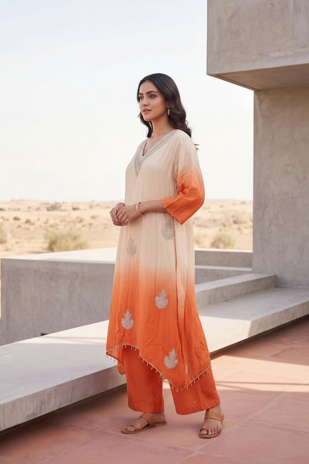 Orange Ombre Embroidered Coord Set