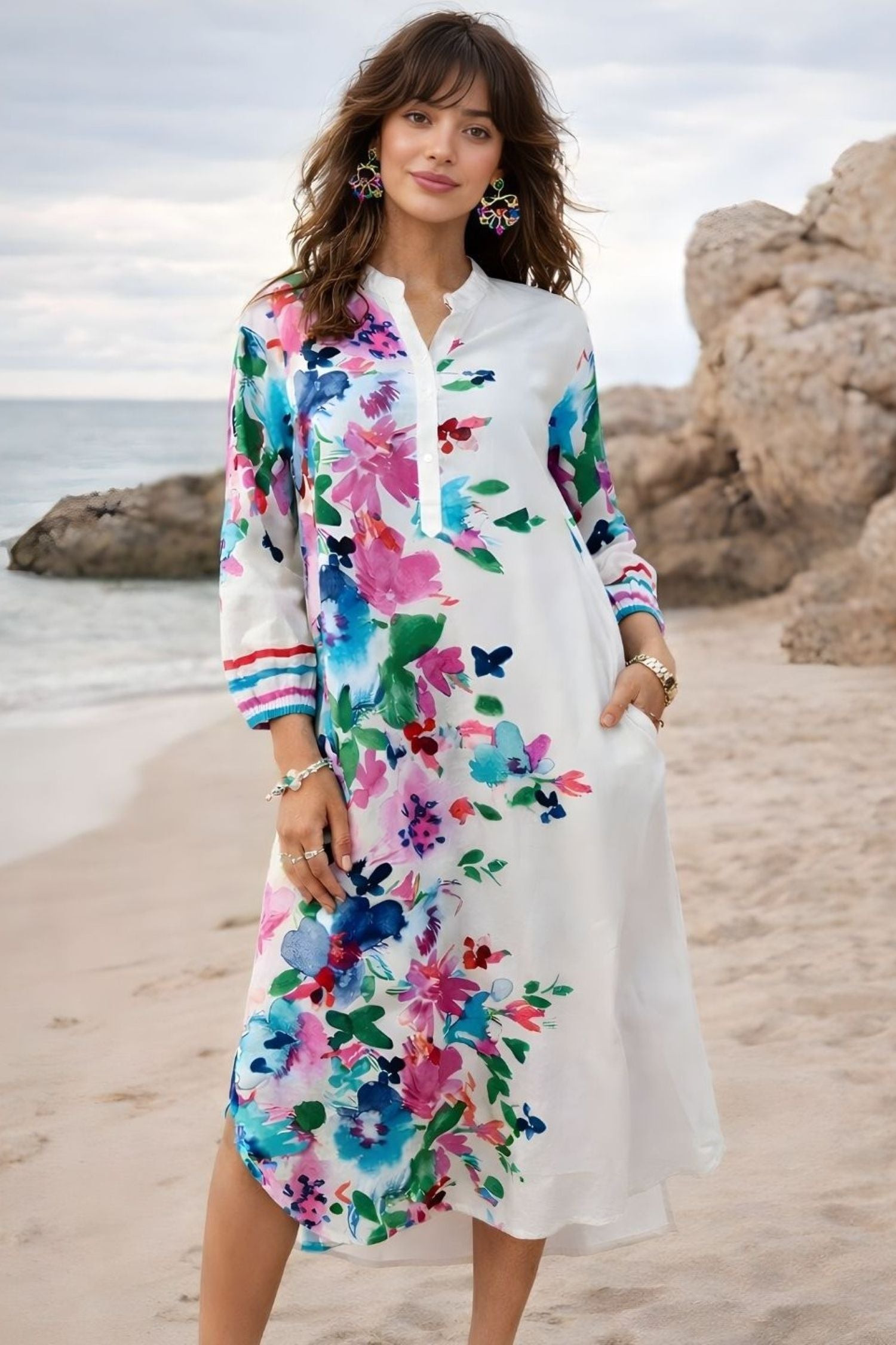 WHITE FLORAL VIBRANT A-LINE LONG SHIRT DRESS