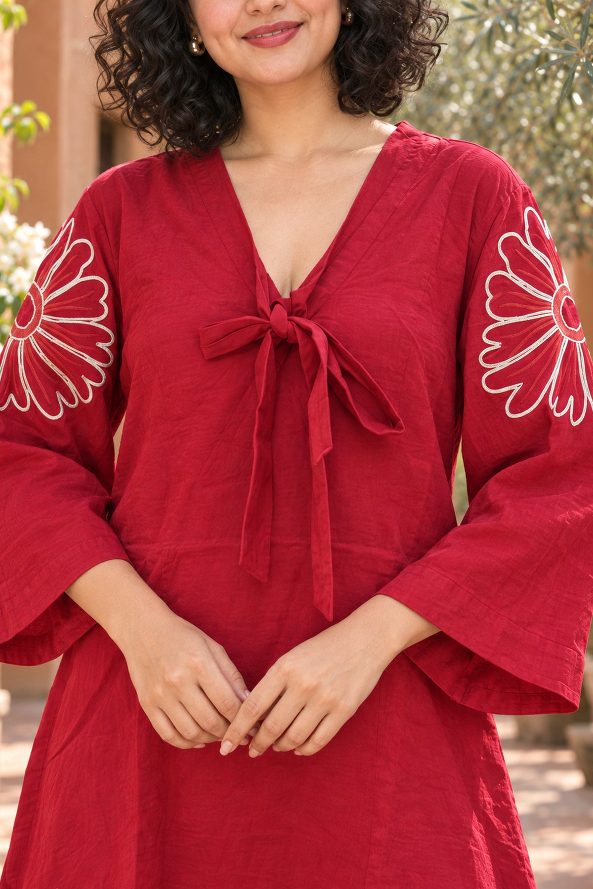 Red Floral Threadwork Dresses