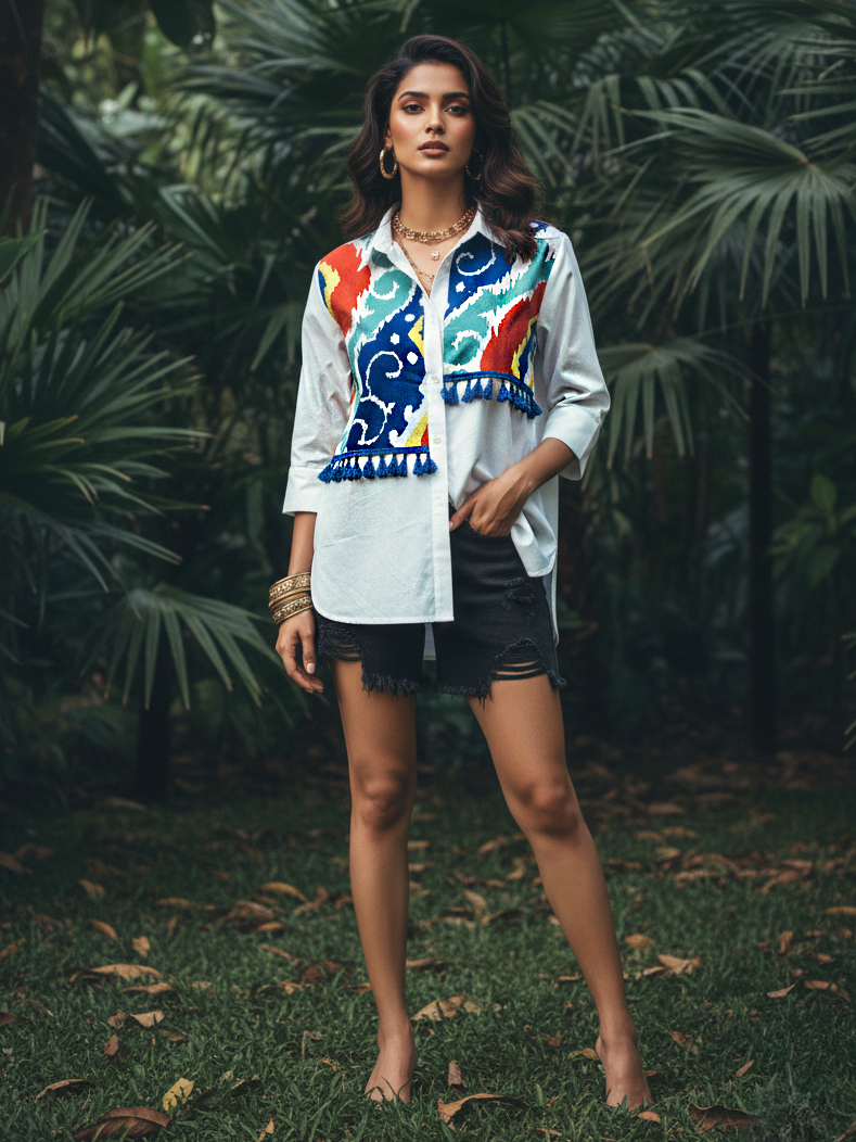 White Multicolor Thread Embroidered Cotton Shirt