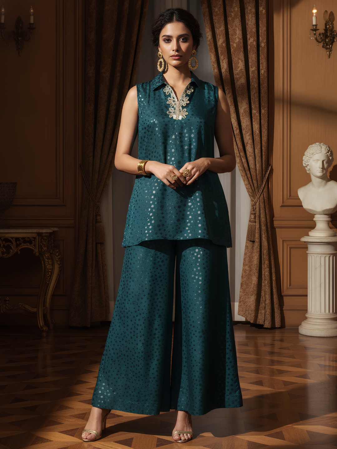 Embellished Teal Poly Silk Kurta &Palazzo Co-Ord Set