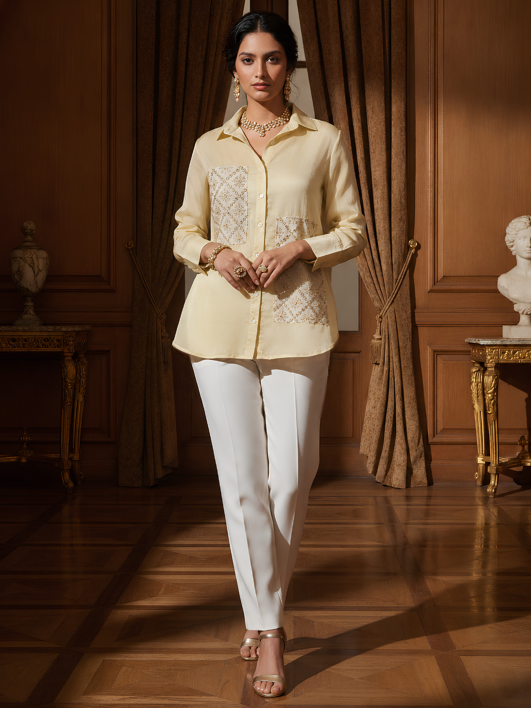 Chinon Silk Sequence Patch Work Collar Shirt