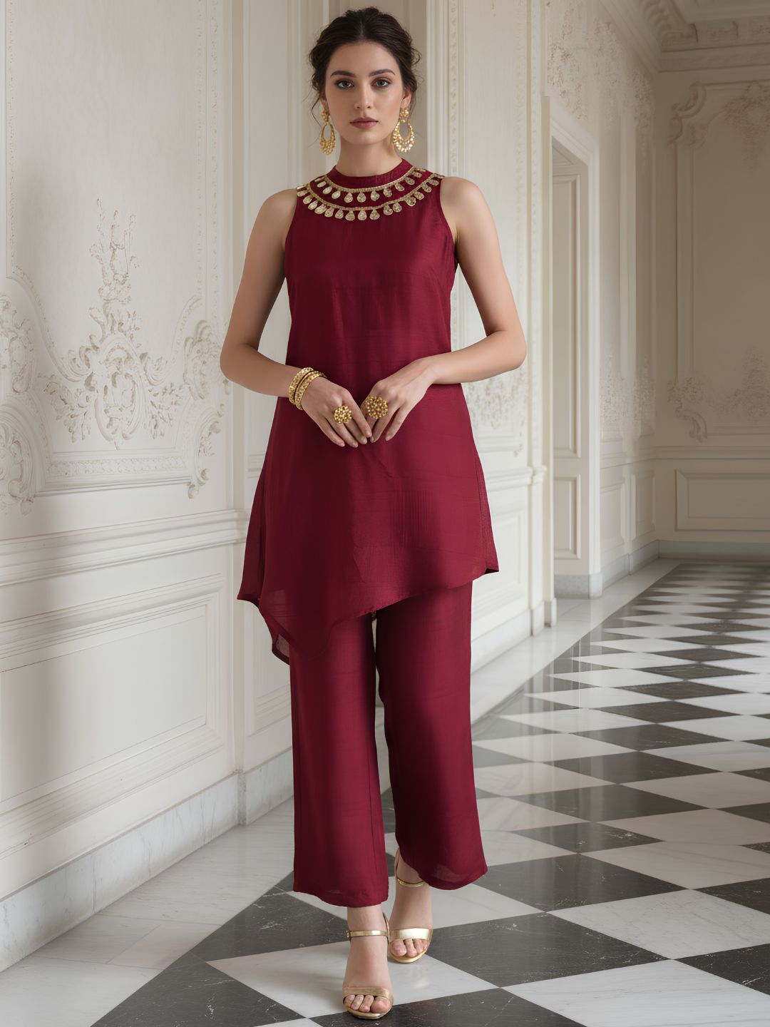 Red Marron Contemporary Asymmetrical Festive Co-Ord set
