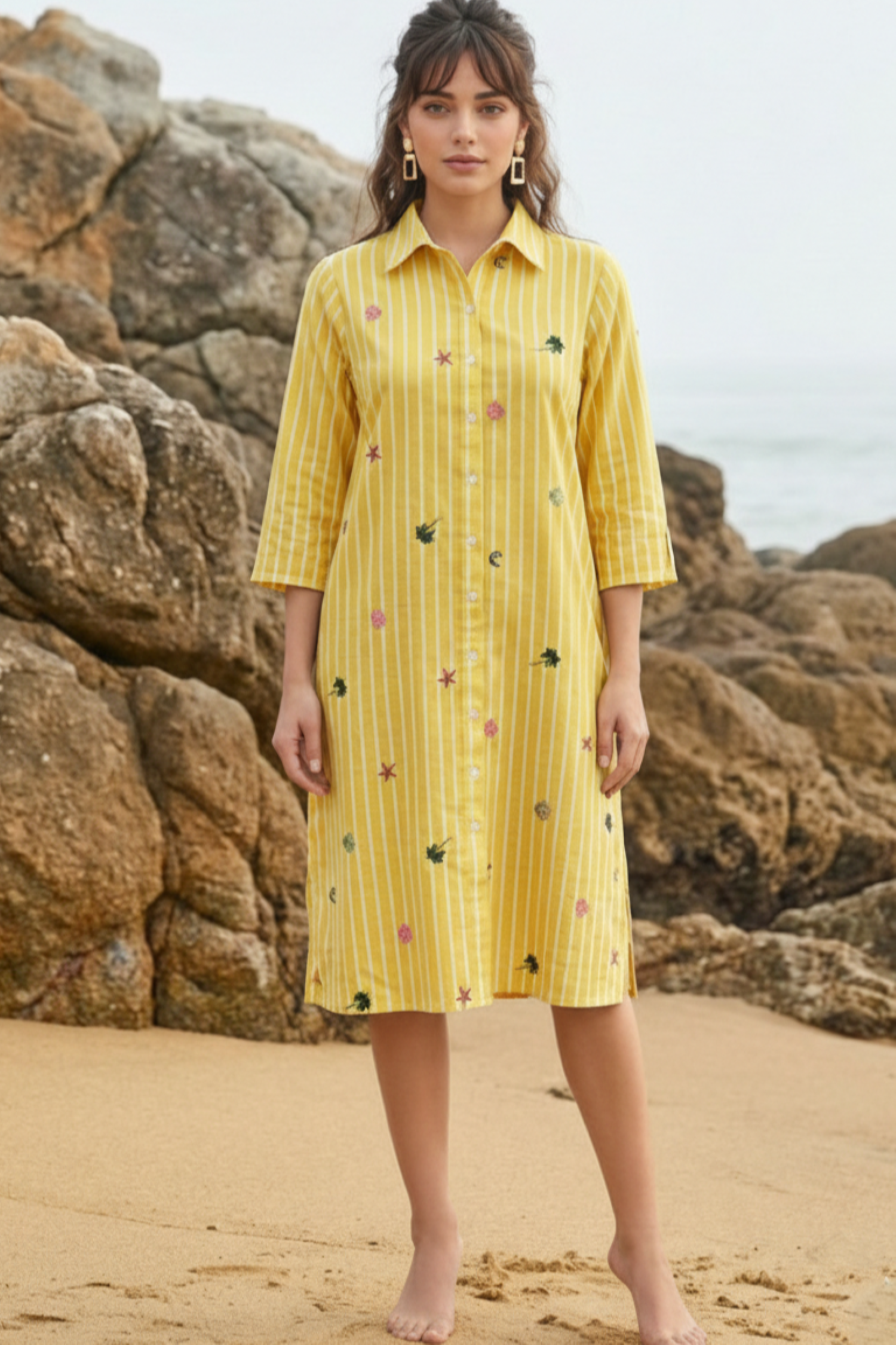 Yellow Striped Embroidered Shirt Dress