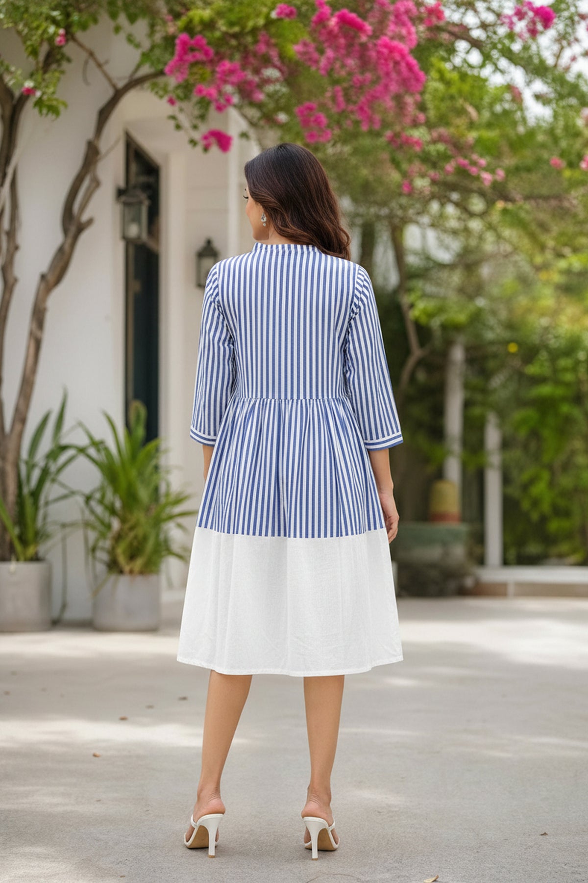 Blue Stripe line Floral Dress