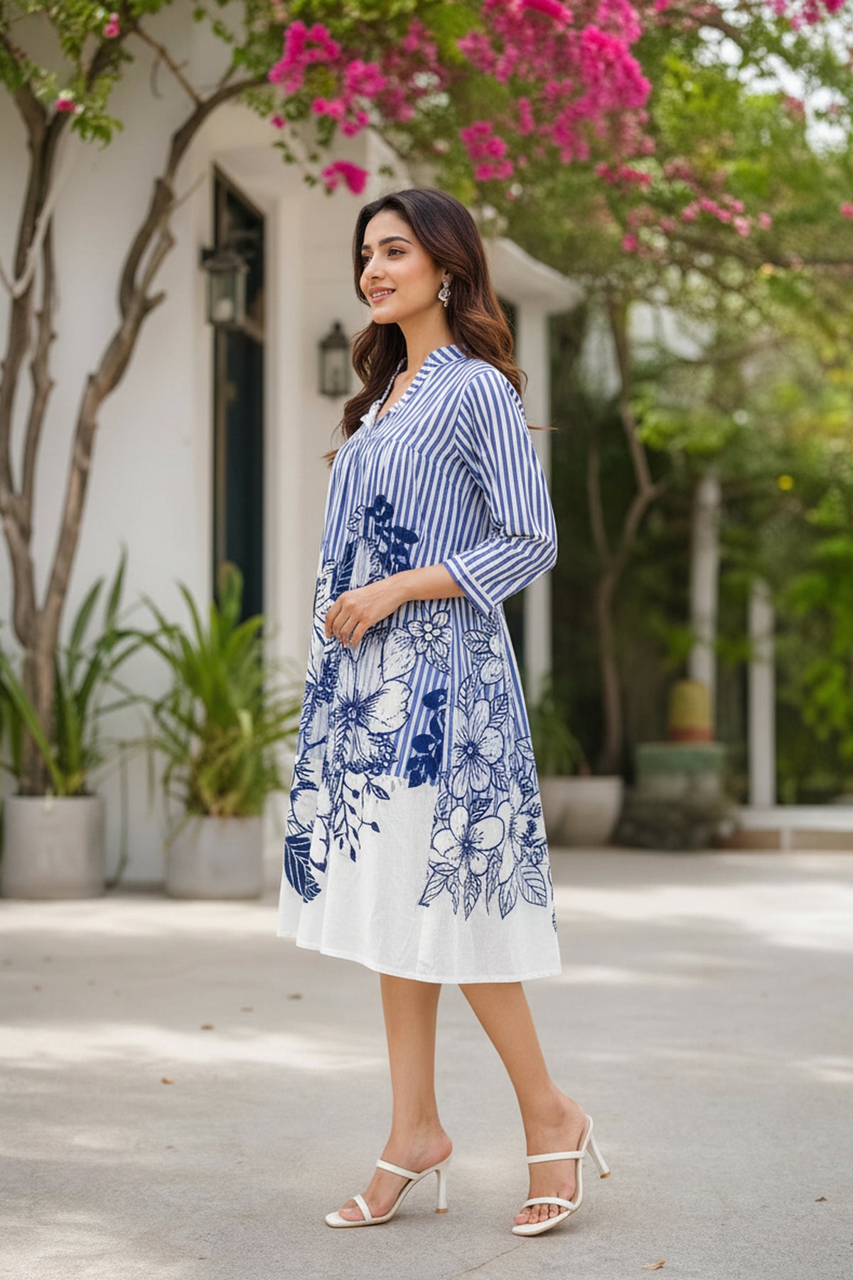 Blue Stripe line Floral Dress