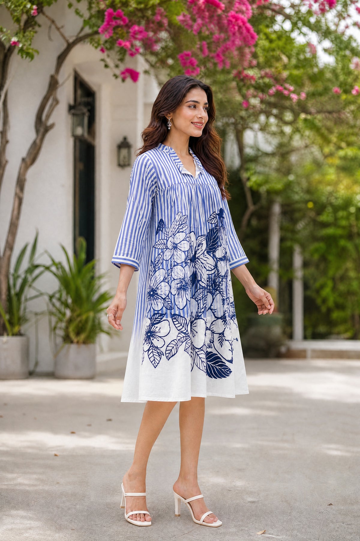 Blue Stripe line Floral Dress