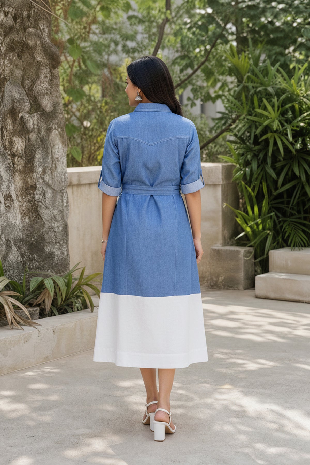 Denim Blue Floral Patch A Line Dress