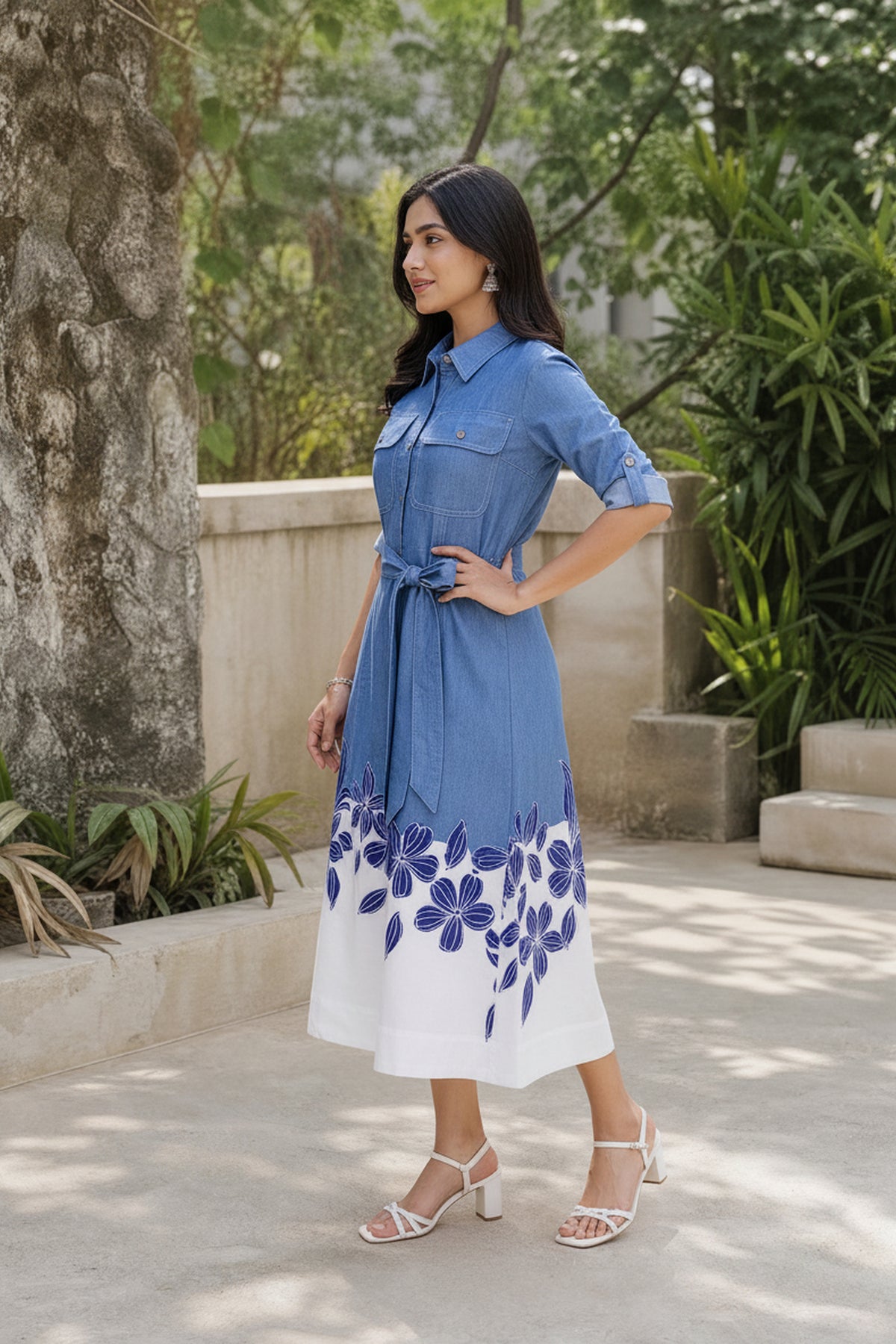 Denim Blue Floral Patch A Line Dress