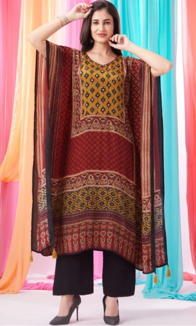 Maroon Ajrakh Printed Kaftan