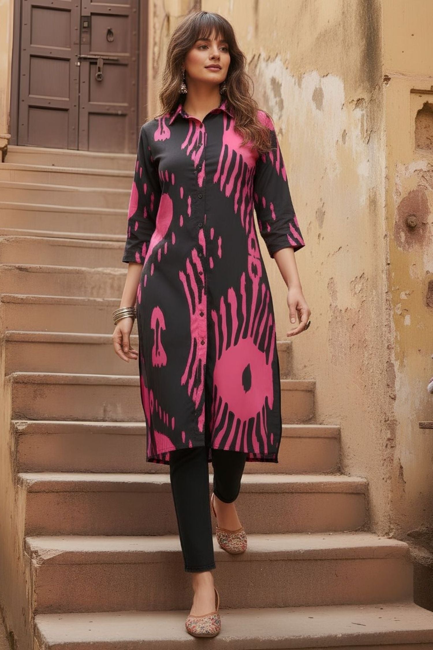 Abstract Printed Pink Black Shirt Midi Dress
