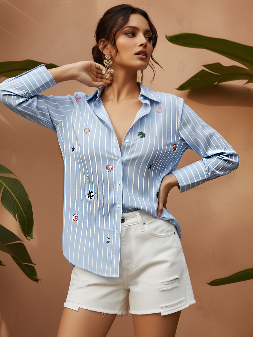 Blue Striped Embroidered Shirt with Button-Down Front