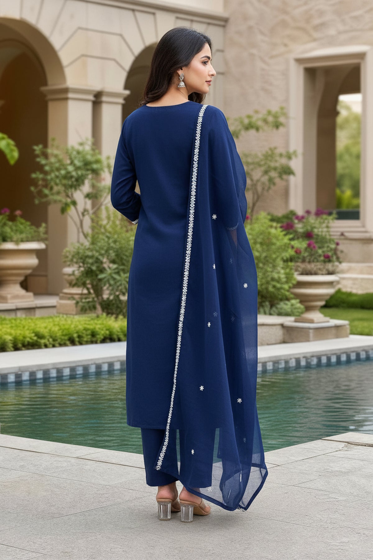 Blue Embroidered Straight Suit Set