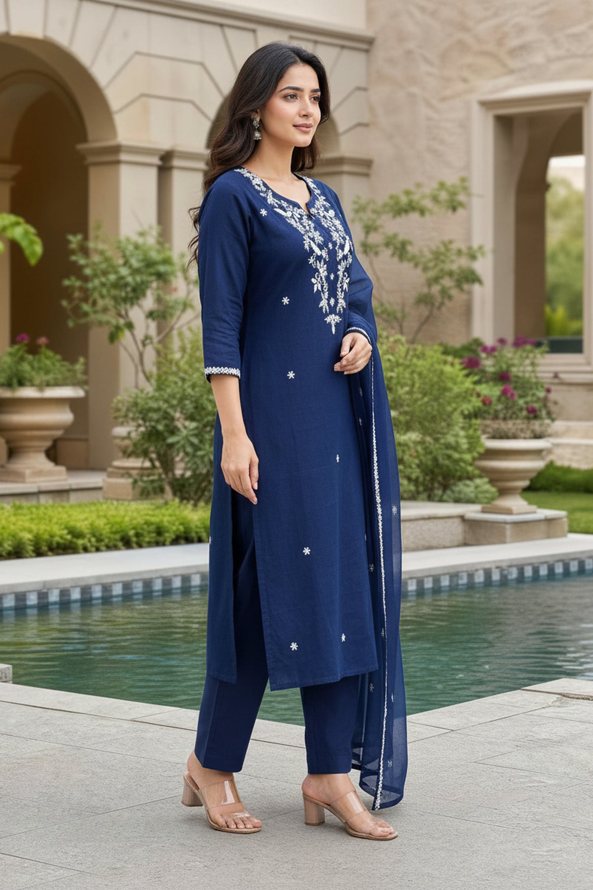 Blue Embroidered Straight Suit Set