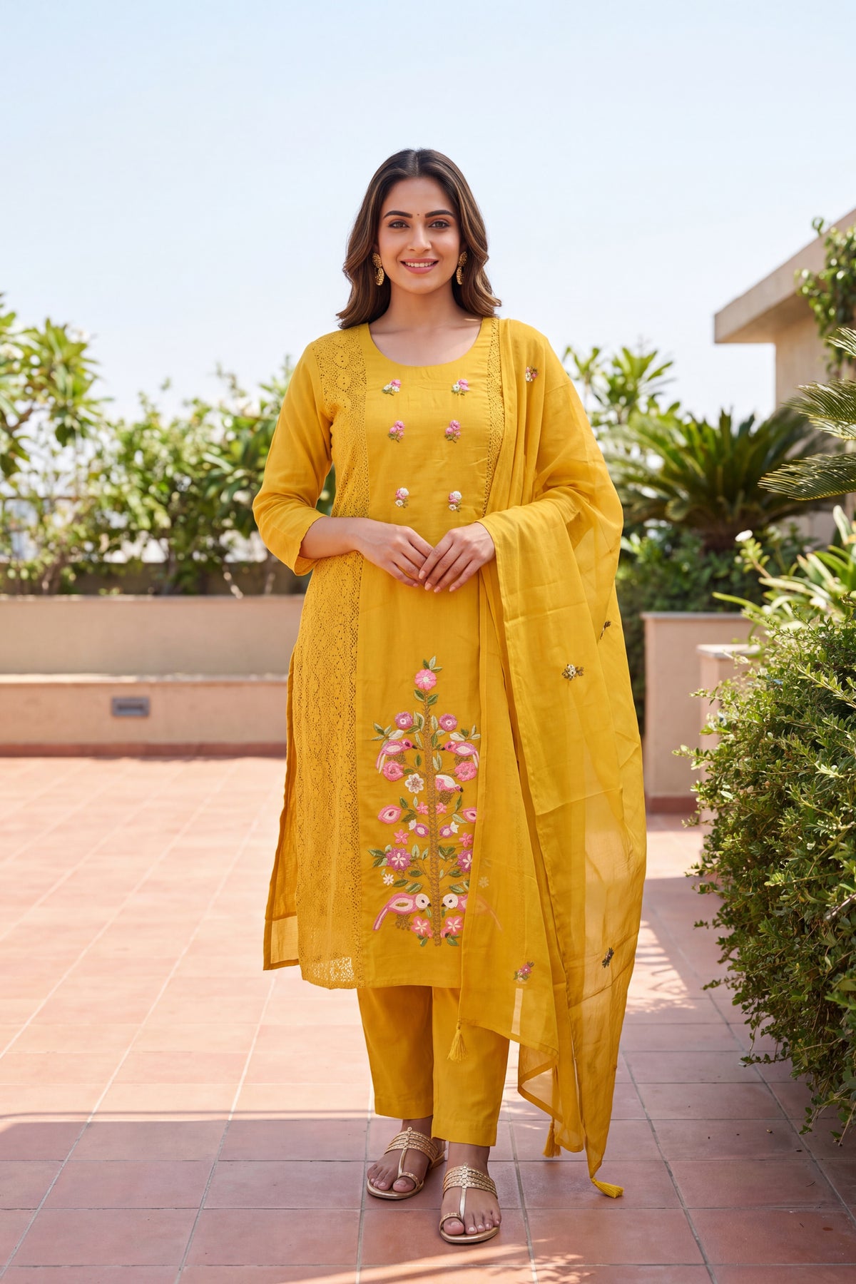Mustard Yellow Floral Embroidered Suit Set