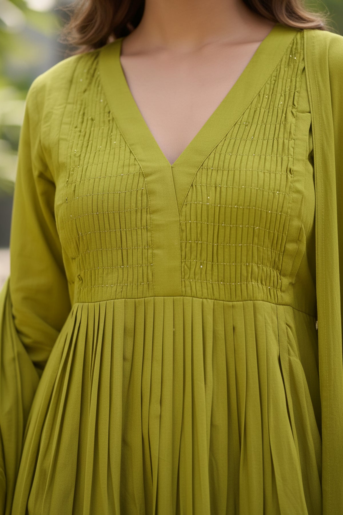 Olive Green Cotton Silk Gathered Anarkali Kurta & Palazzo Set