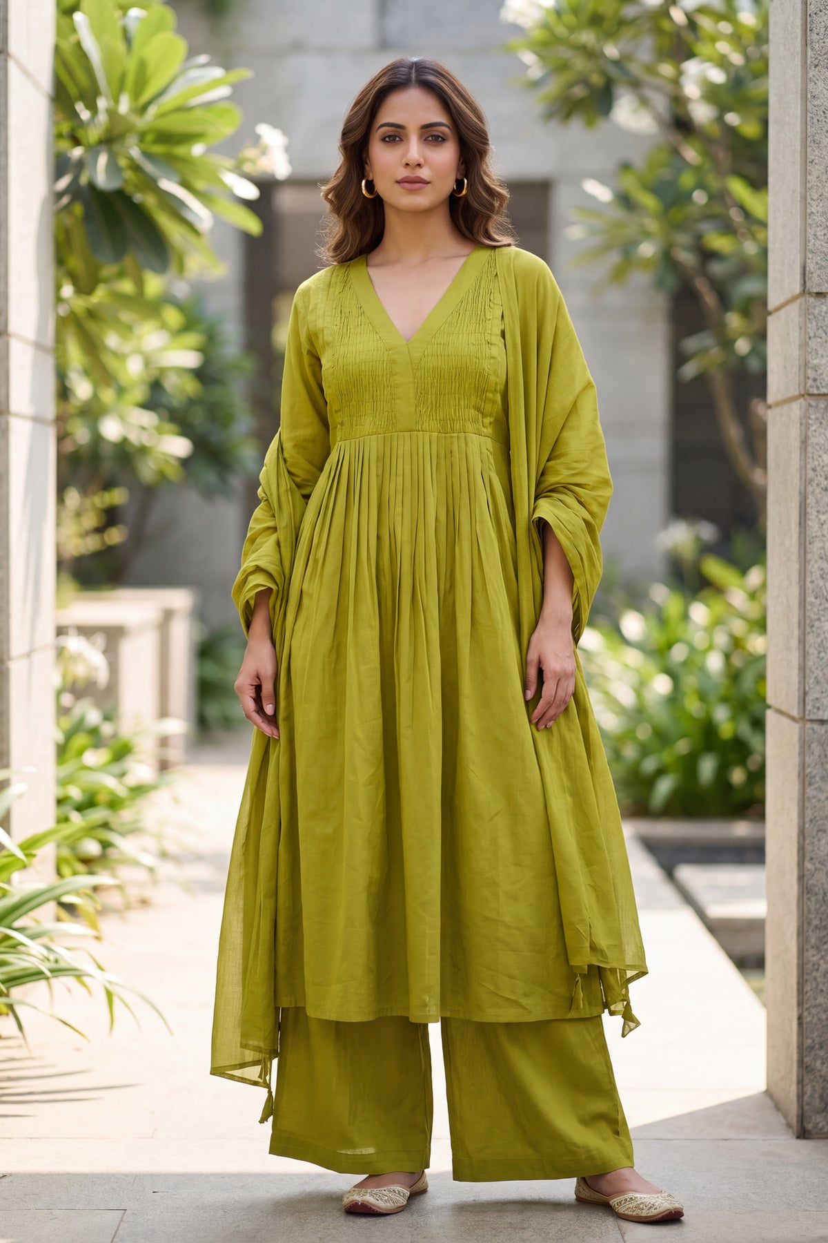 Olive Green Cotton Silk Gathered Anarkali Kurta & Palazzo Set