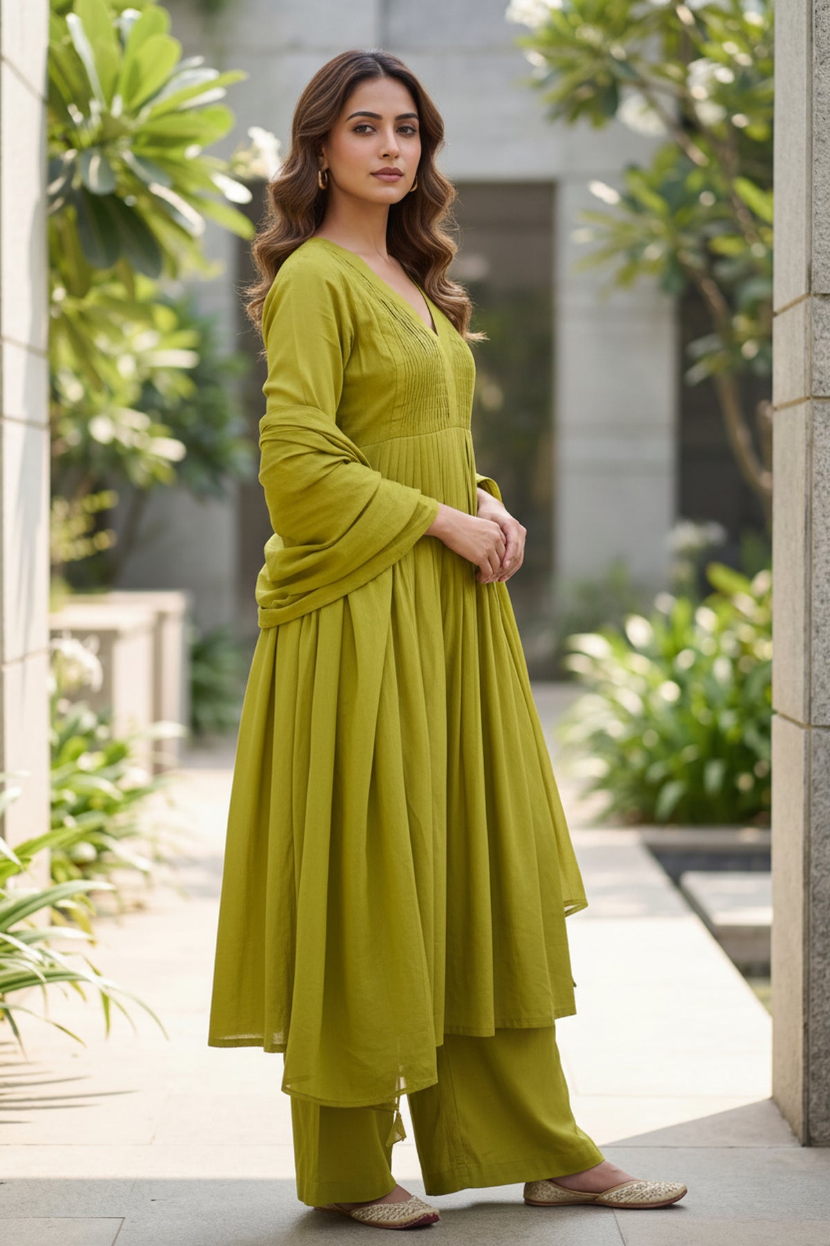 Olive Green Cotton Silk Gathered Anarkali Kurta & Palazzo Set