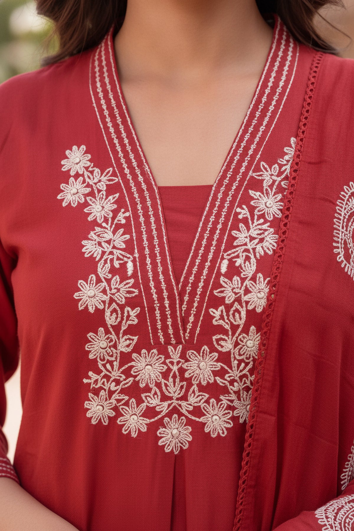 Red Printed Cotton Straight Suit Set