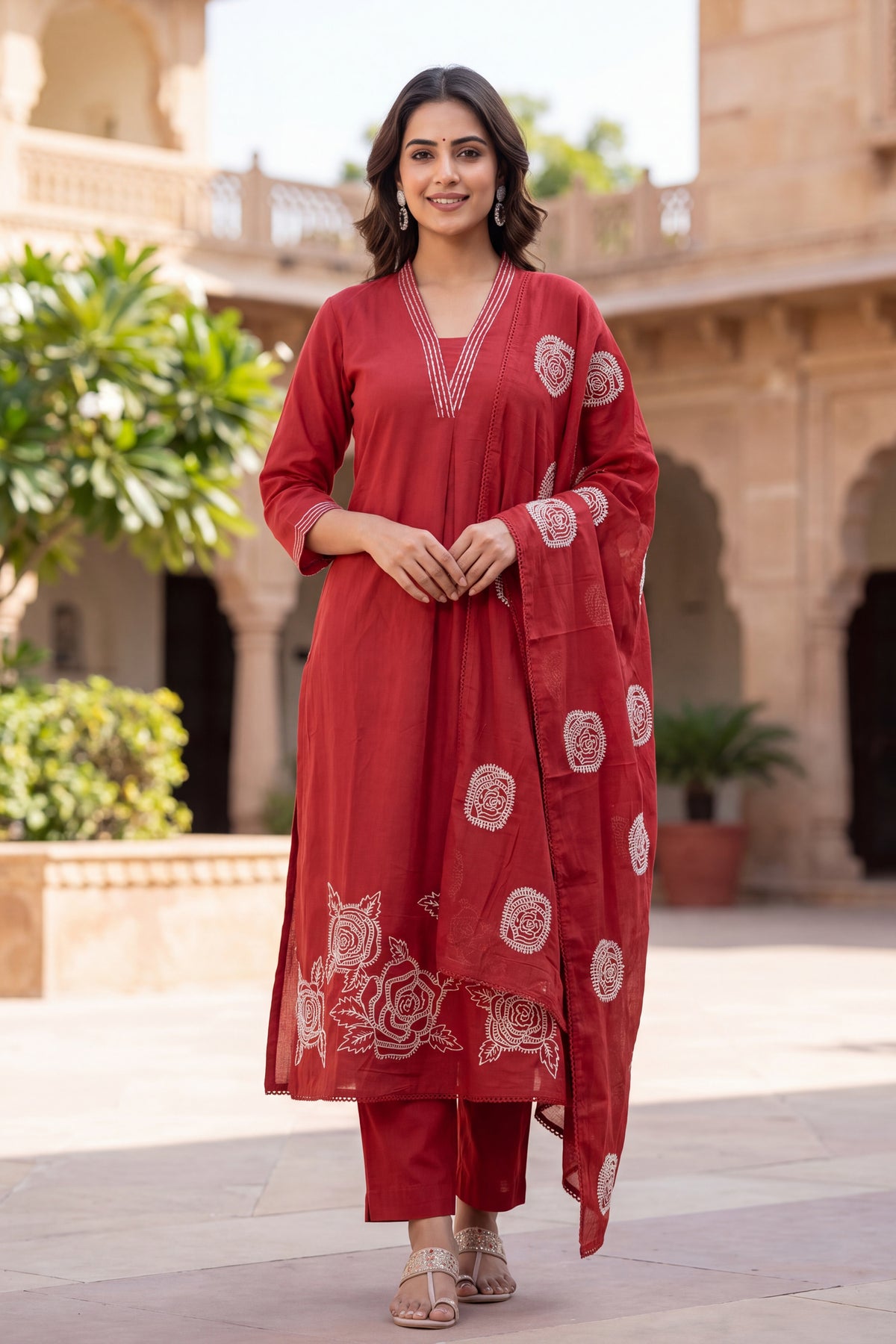Red Printed Cotton Straight Suit Set