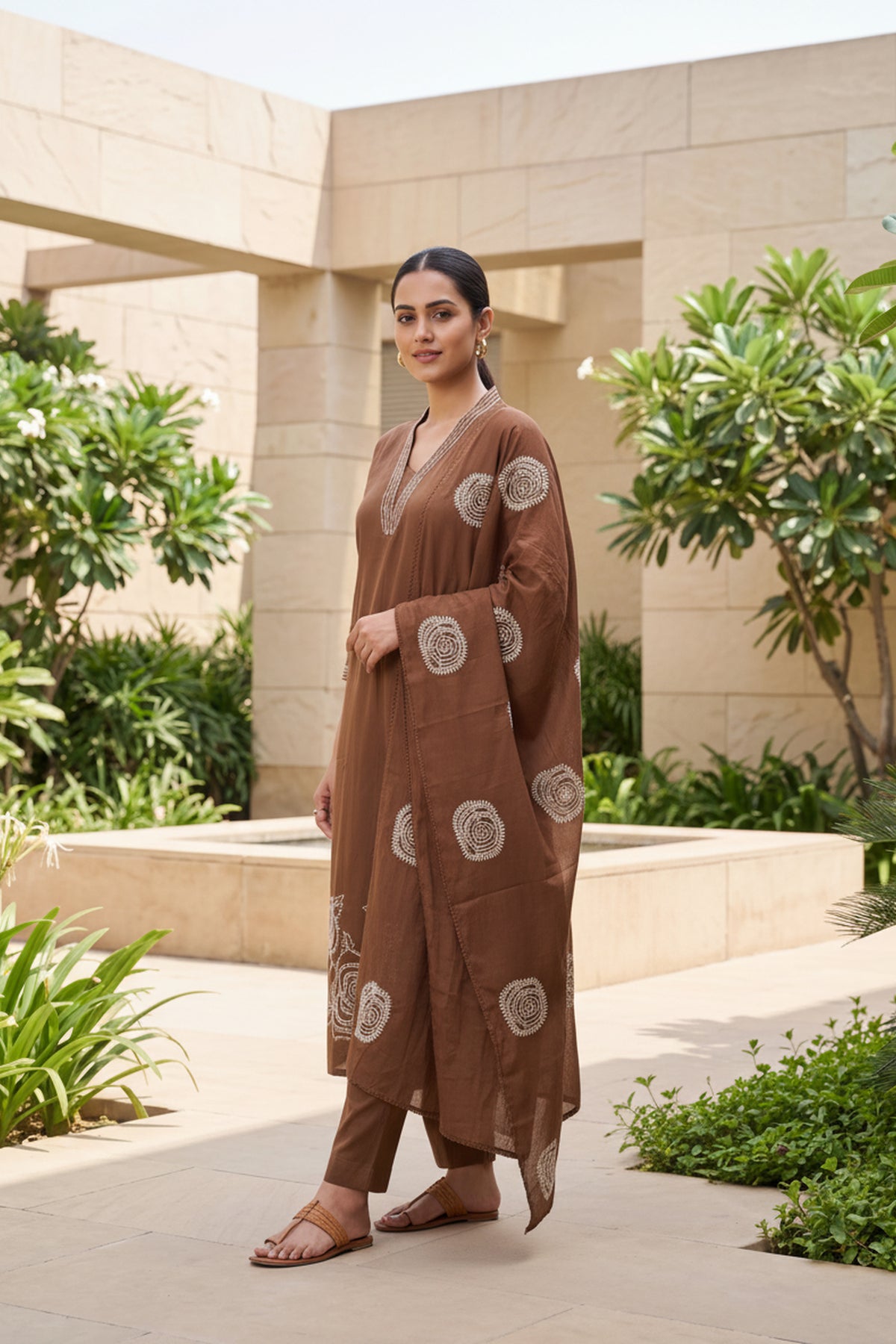 Elegant Tone Brown Embroidered Kurta Set with Dupatta
