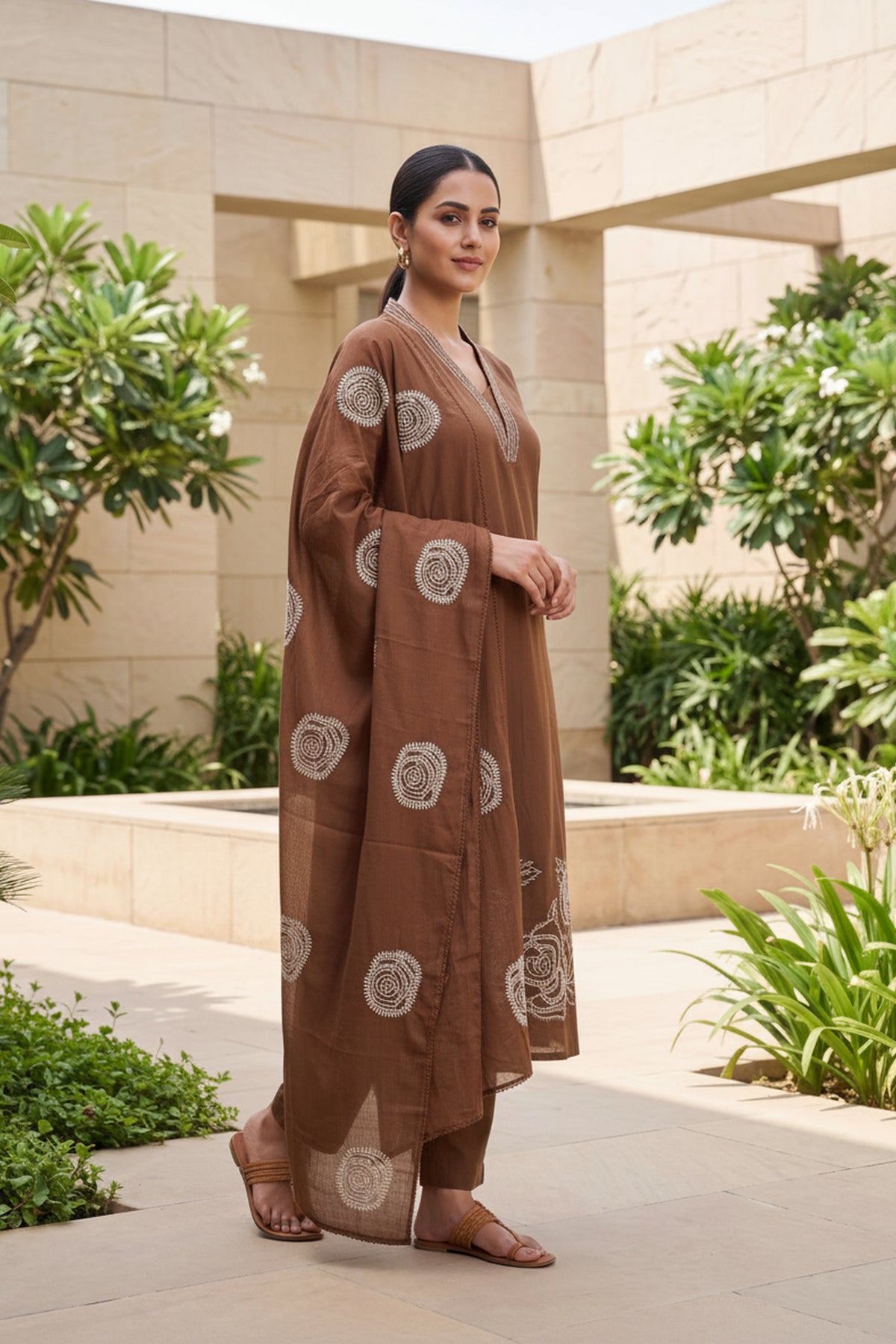 Elegant Tone Brown Embroidered Kurta Set with Dupatta