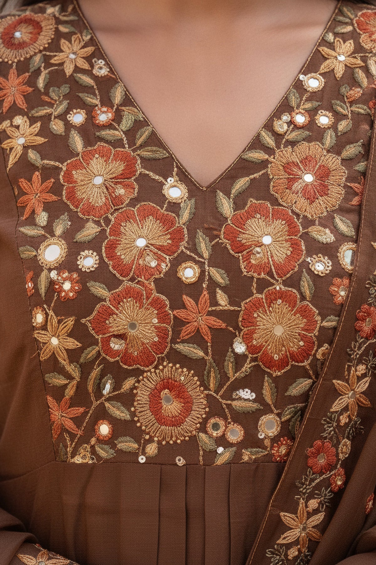 Brown Floral Embroidered Suit Set