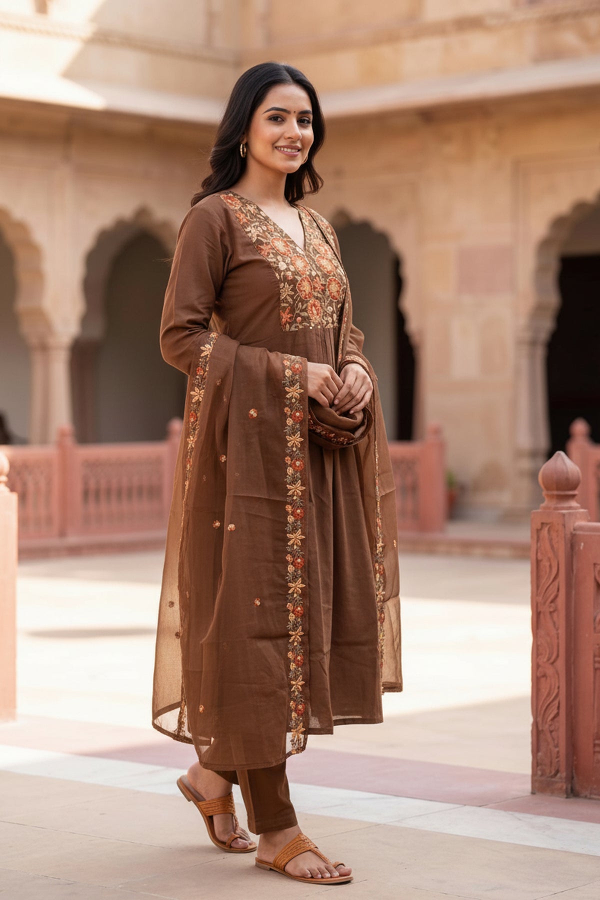 Brown Floral Embroidered Suit Set