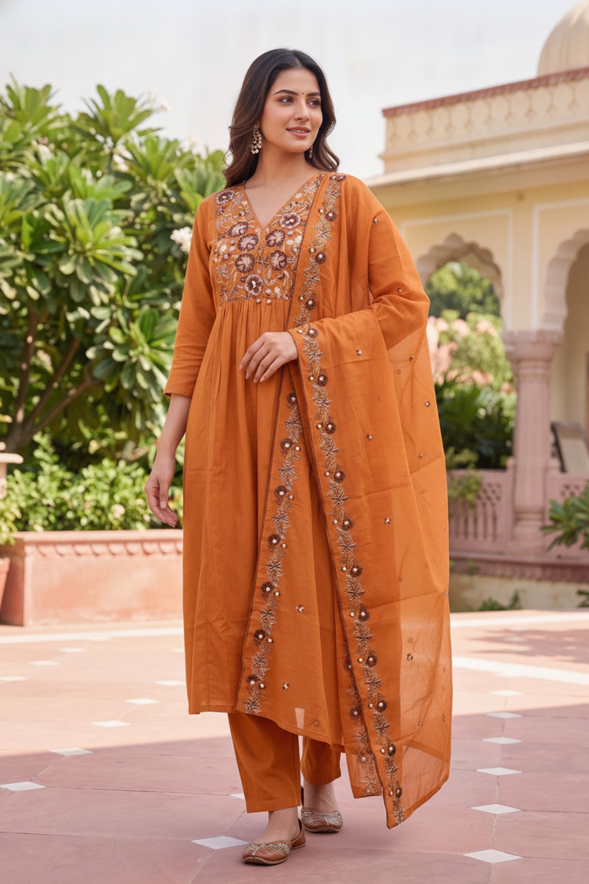 Rust Floral Embroidered Suit Set