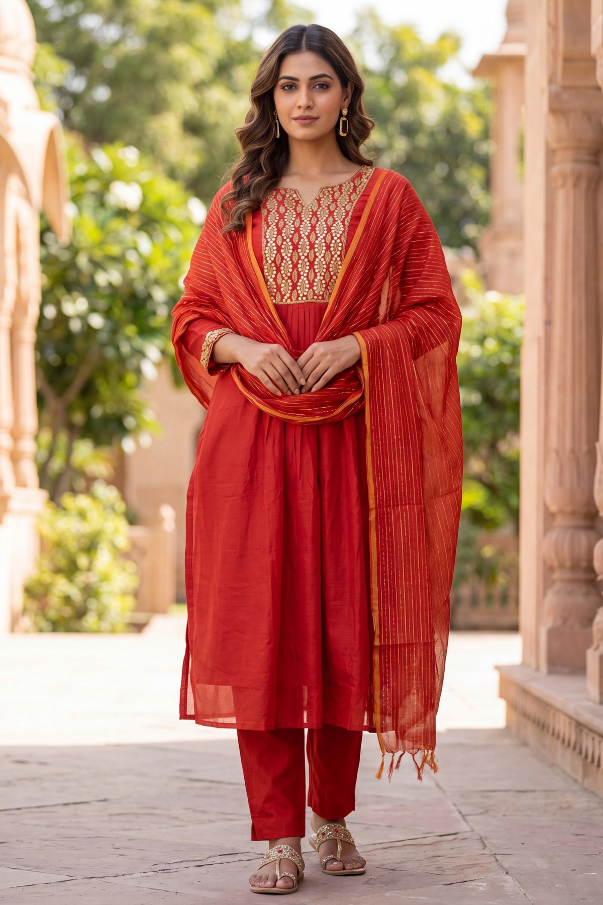 Rust Embroidered Cotton Suit Set