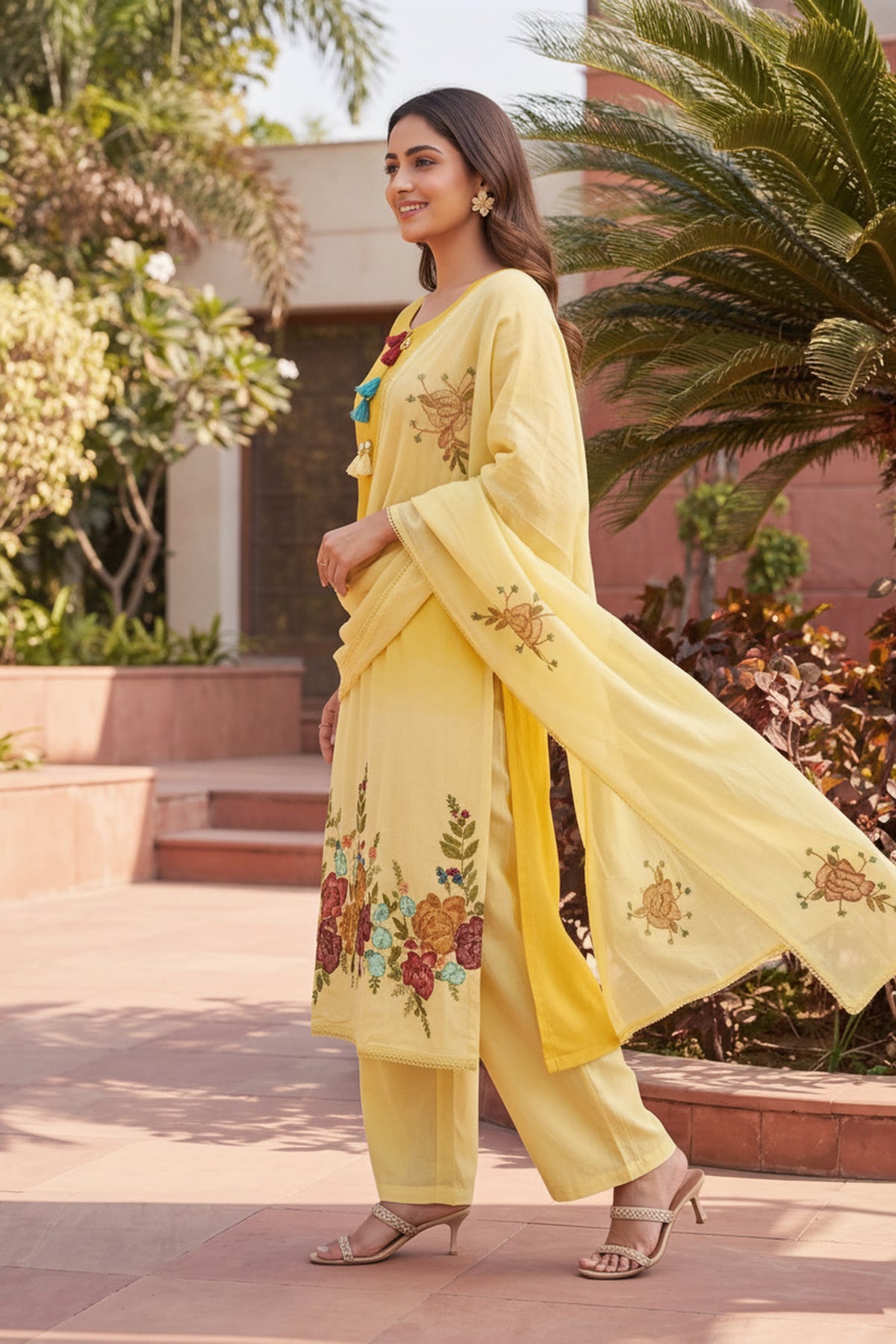 Mustard Floral Embroidered Sawarl Suits Set