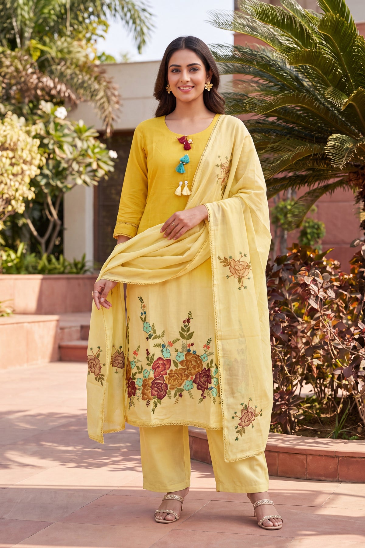Mustard Floral Embroidered Sawarl Suits Set