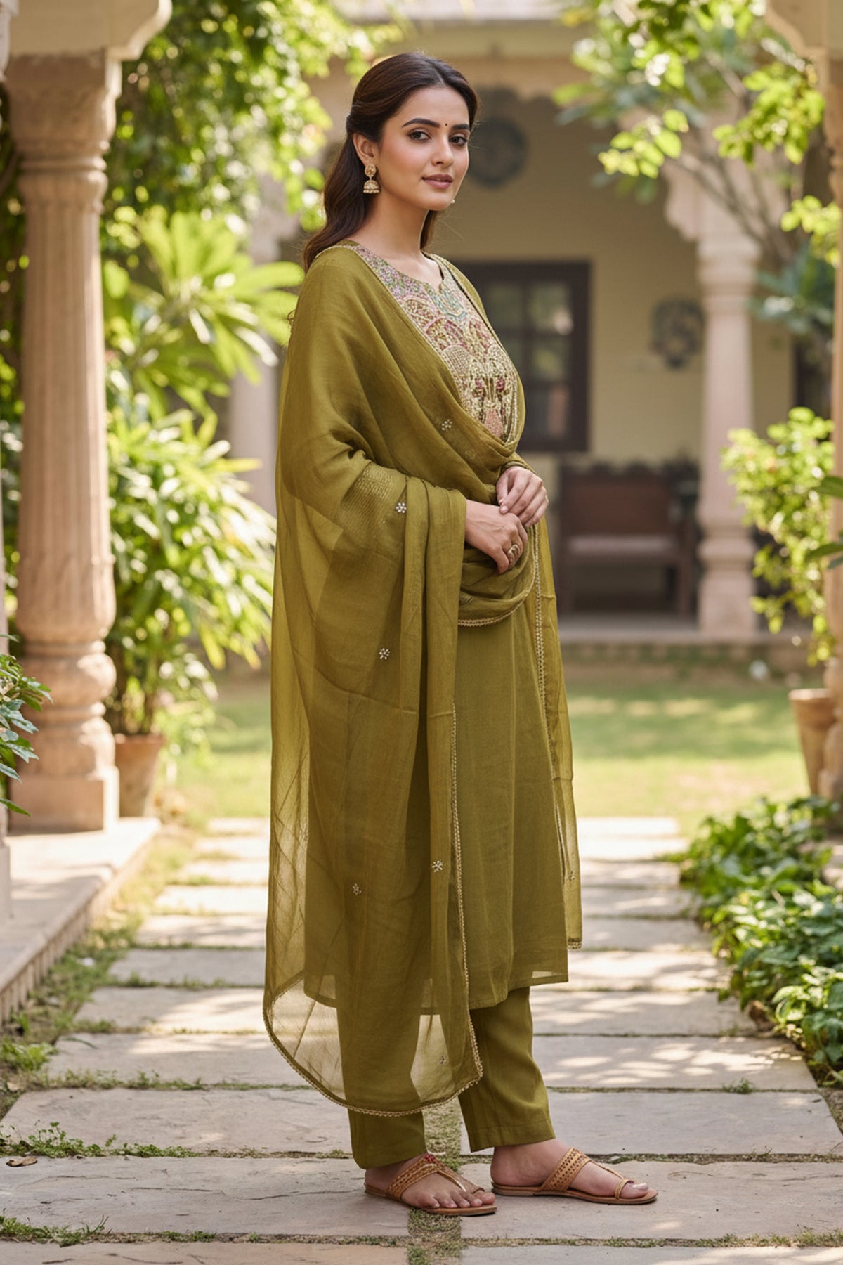 Mehendi Green Embroidered Suit Set