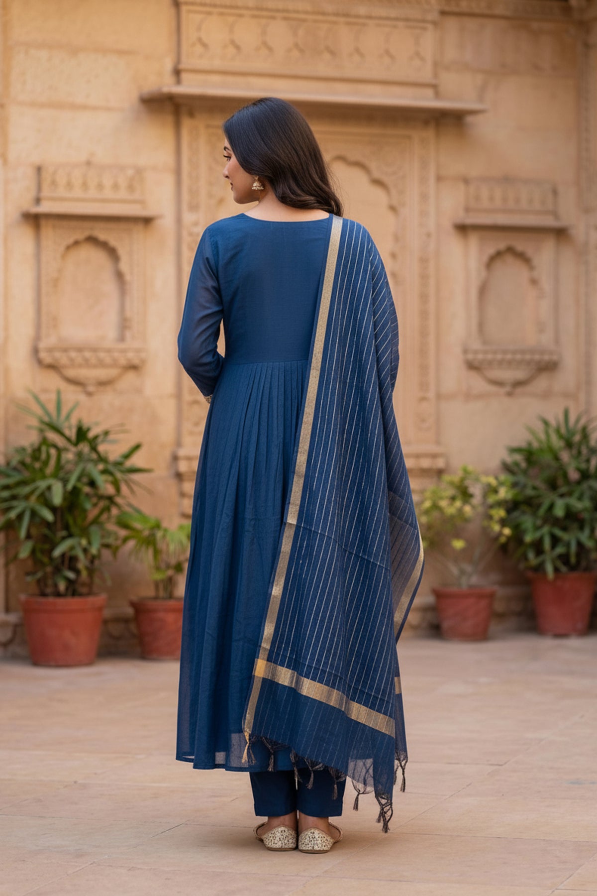 Navy Blue Embroidered Anarkali Suit Set