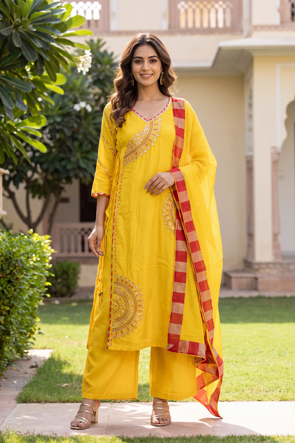 Bright Yellow Angrakha Gota Patti Palazzo Suit
