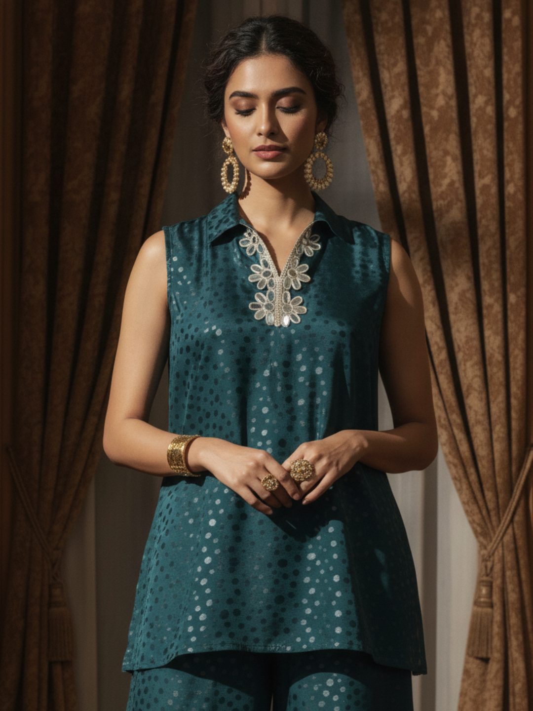 Embellished Teal Poly Silk Kurta &Palazzo Co-Ord Set