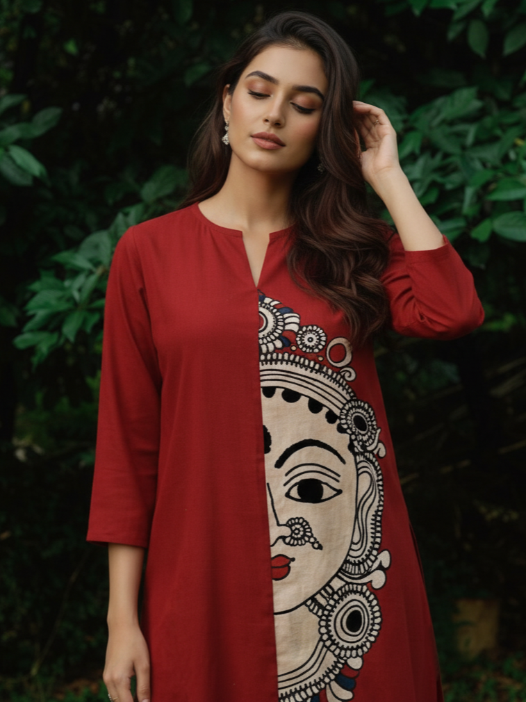 Maroon Printed Kurta Pant Co-Ord Set with Ethnic Face Motif