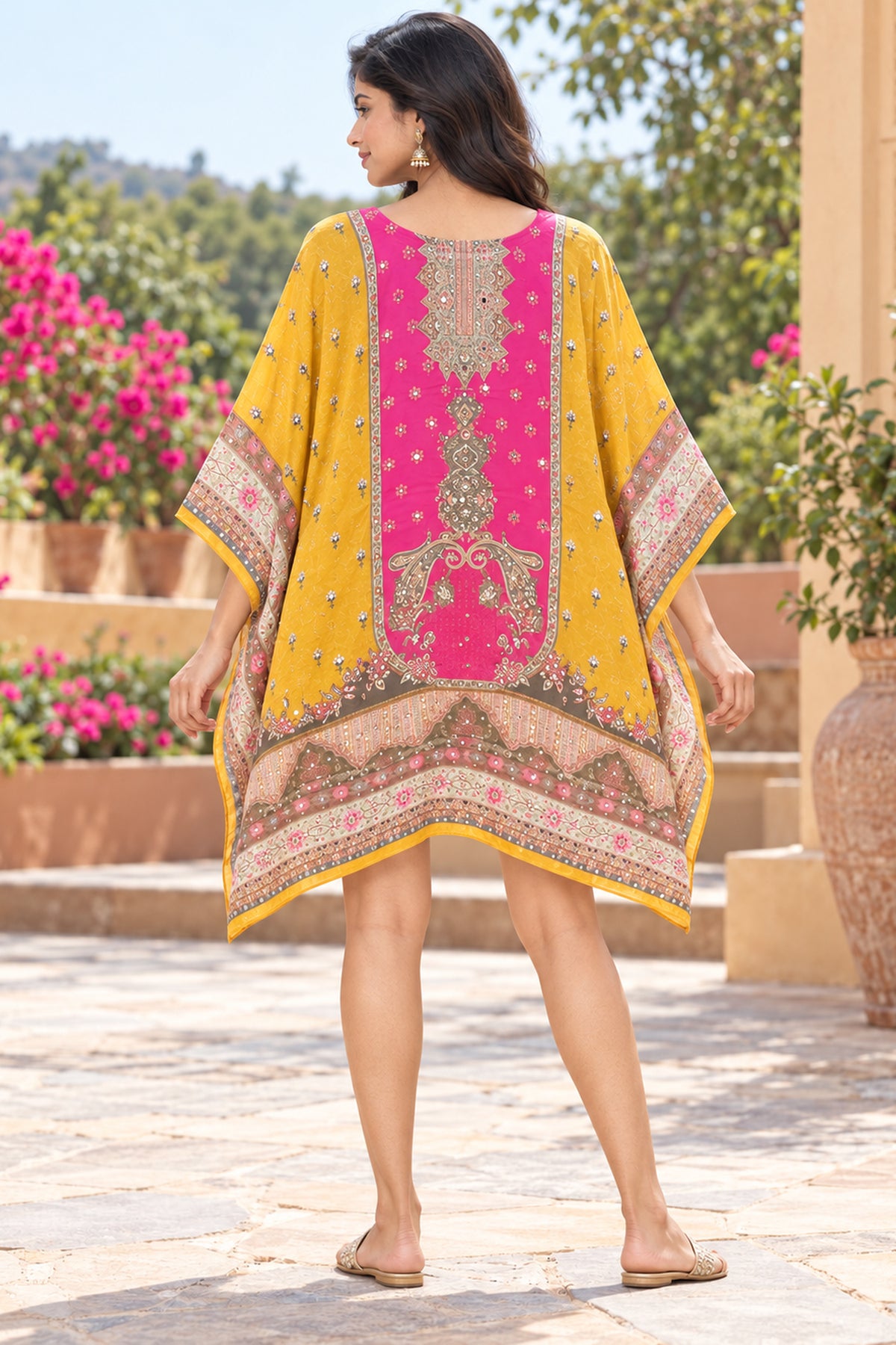 Mustard And Pink Printed Kaftan Dress
