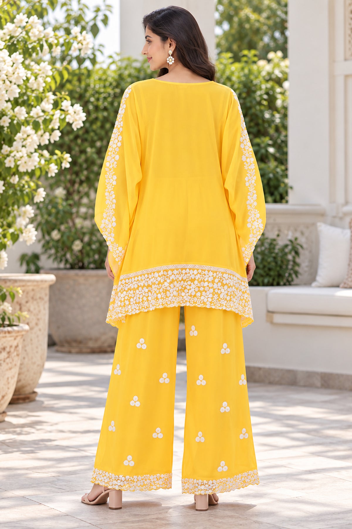 Yellow Floral Embroidered Kaftan Coord Set