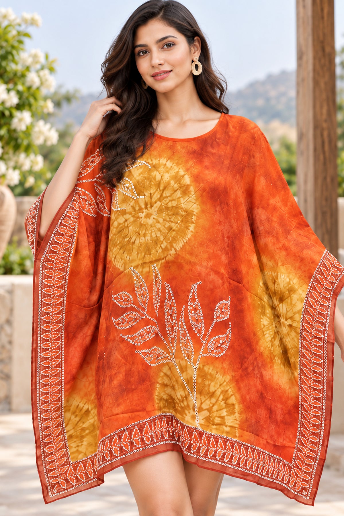 Orange Batik Printed Short Kaftan