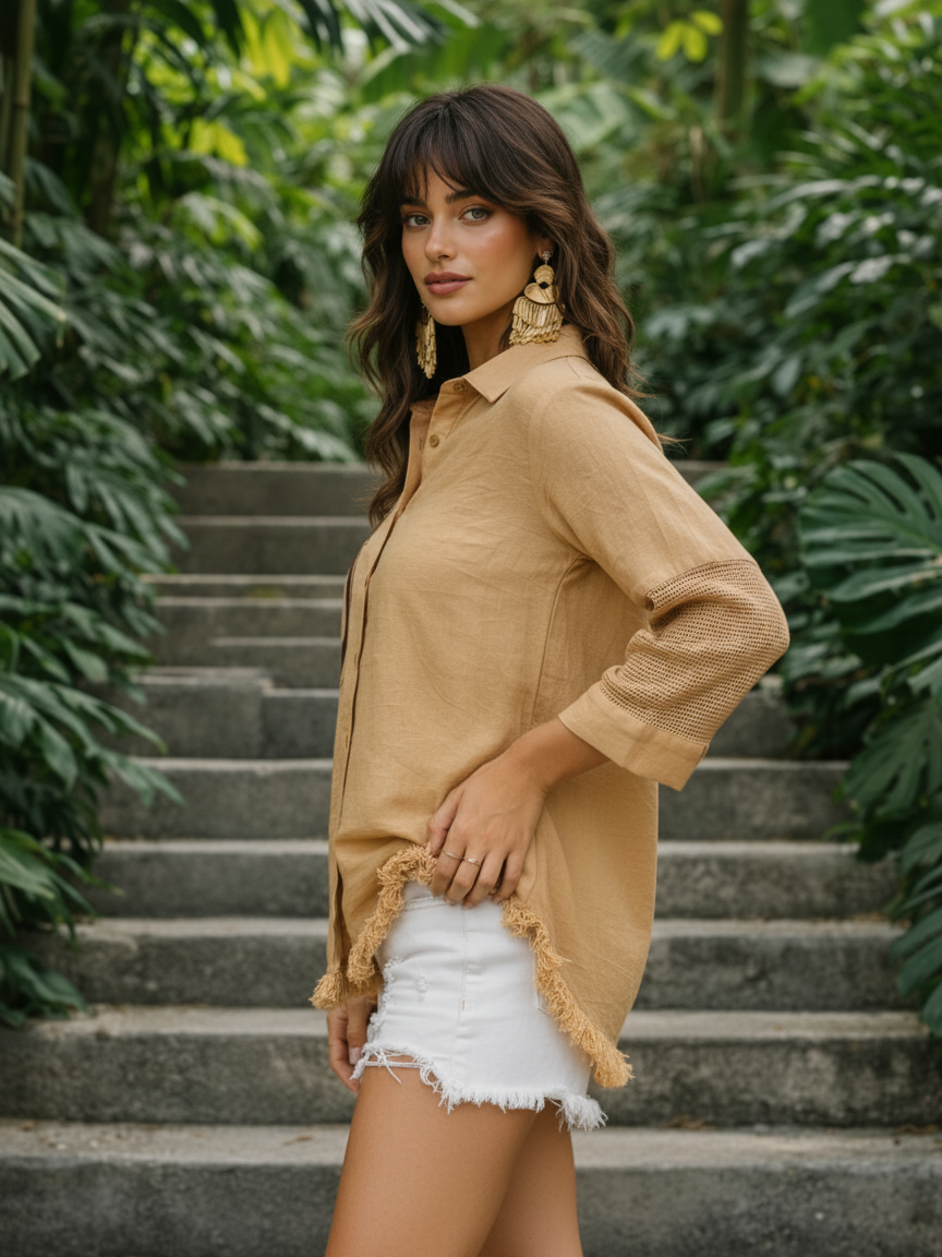 Beige Embroidered Love Shirt with Fringe Hem