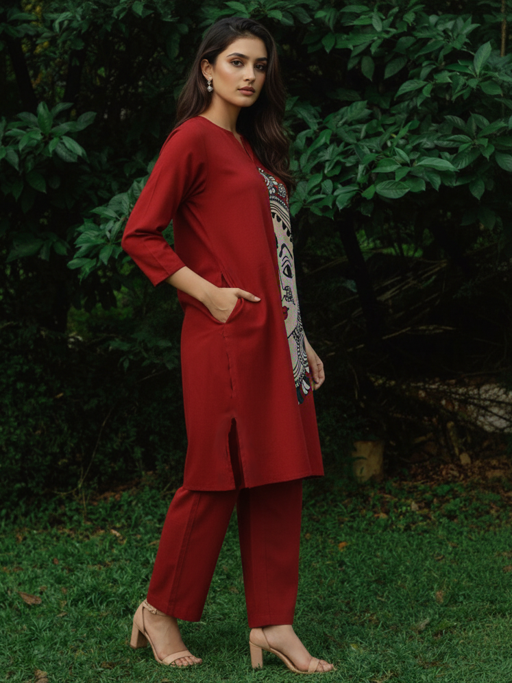 Maroon Printed Kurta Pant Co-Ord Set with Ethnic Face Motif