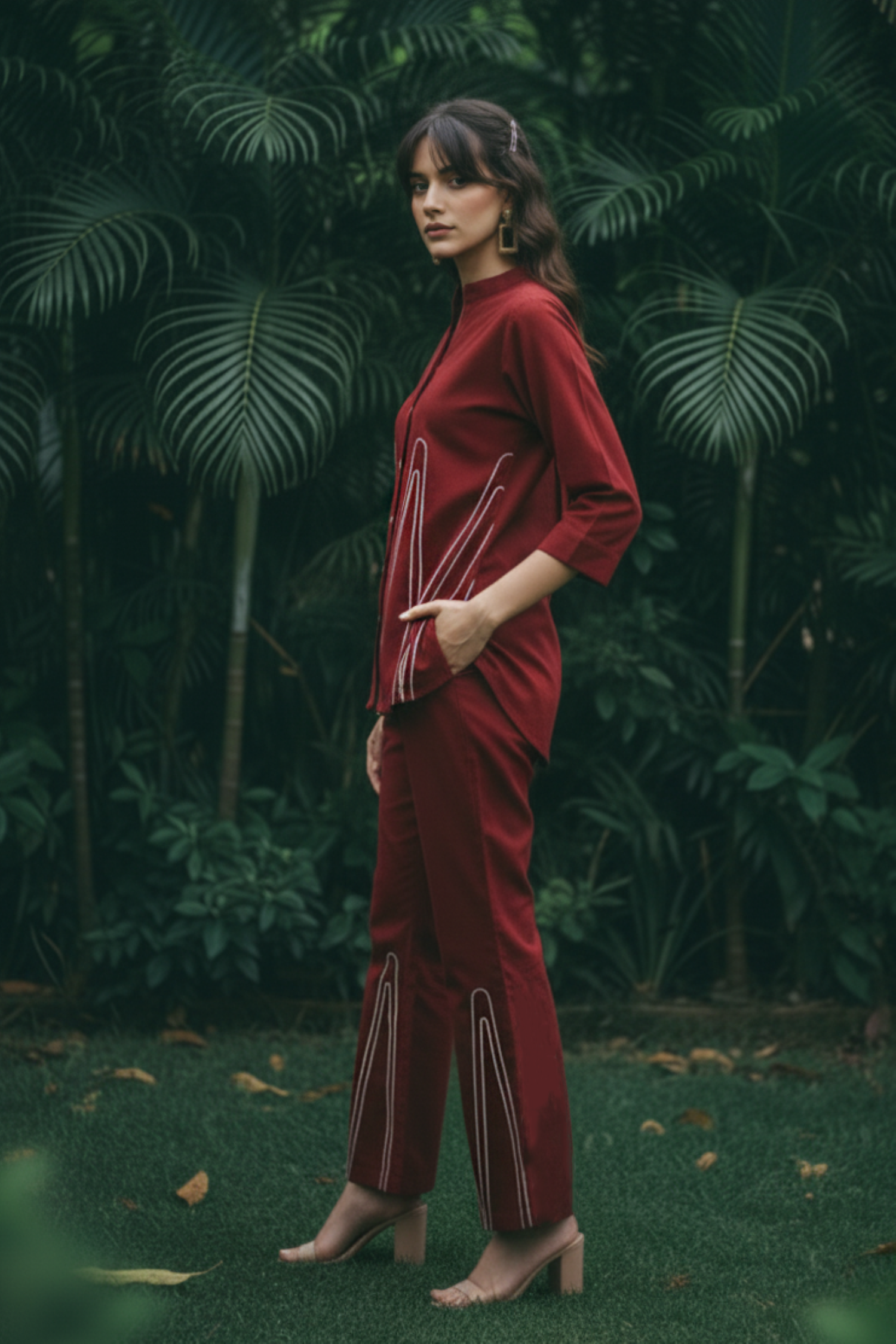Linen Cotton Maroon Red Relax Fit Cord Set.