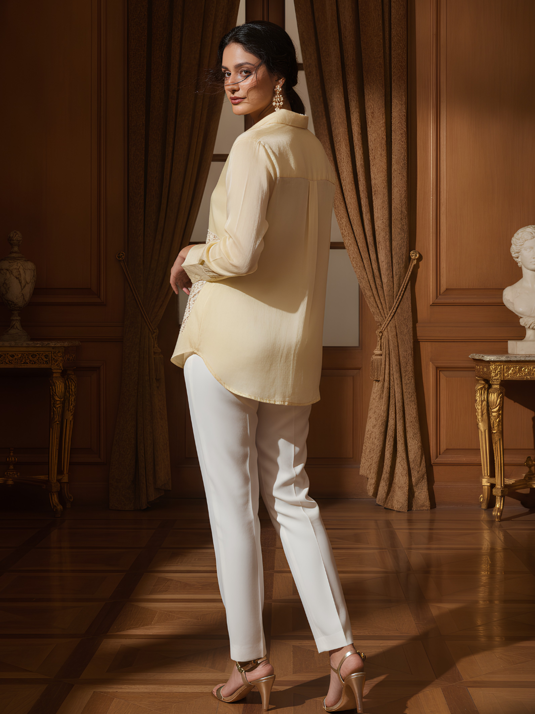 Chinon Silk Sequence Patch Work Collar Shirt