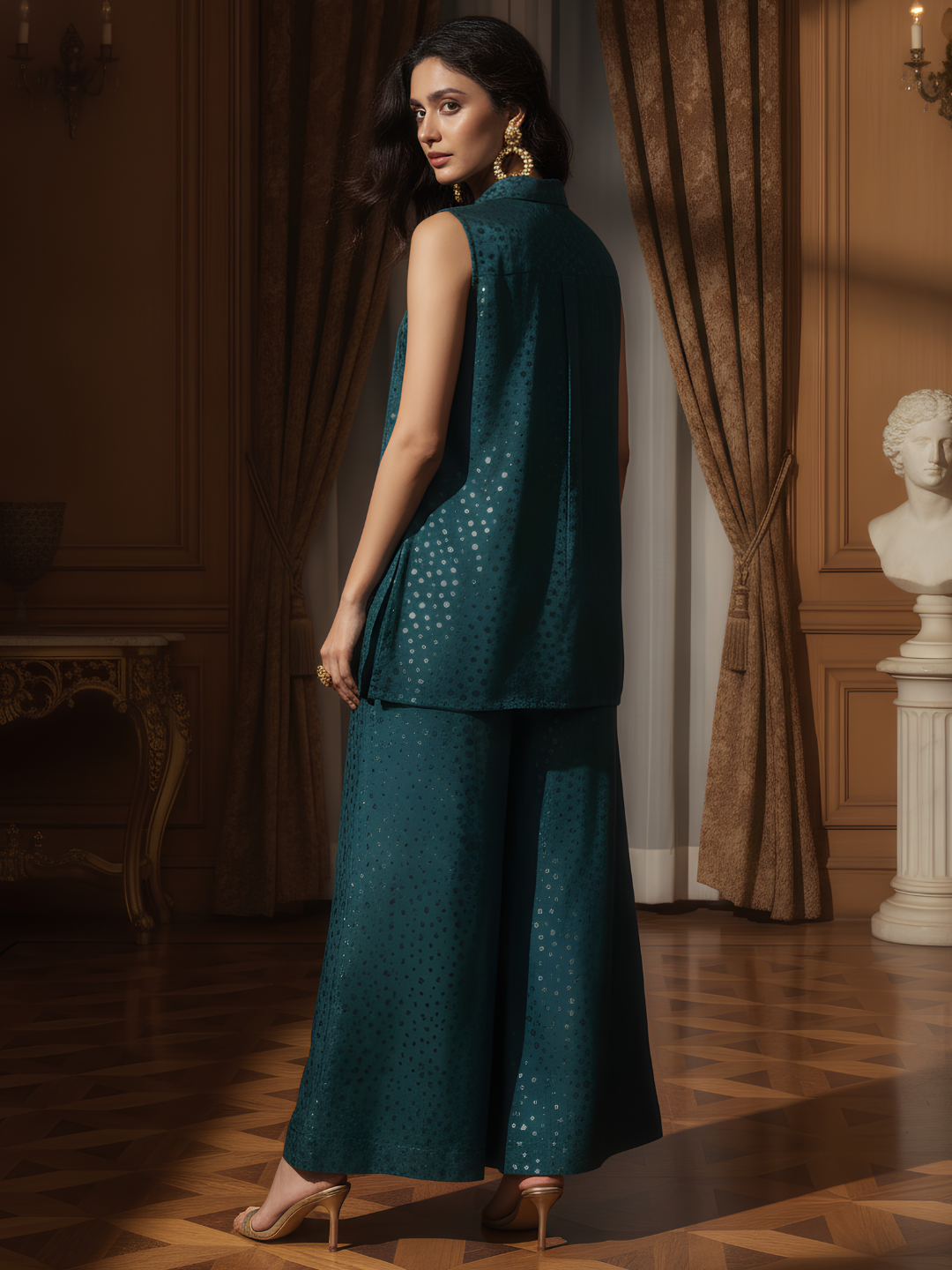 Embellished Teal Poly Silk Kurta &Palazzo Co-Ord Set