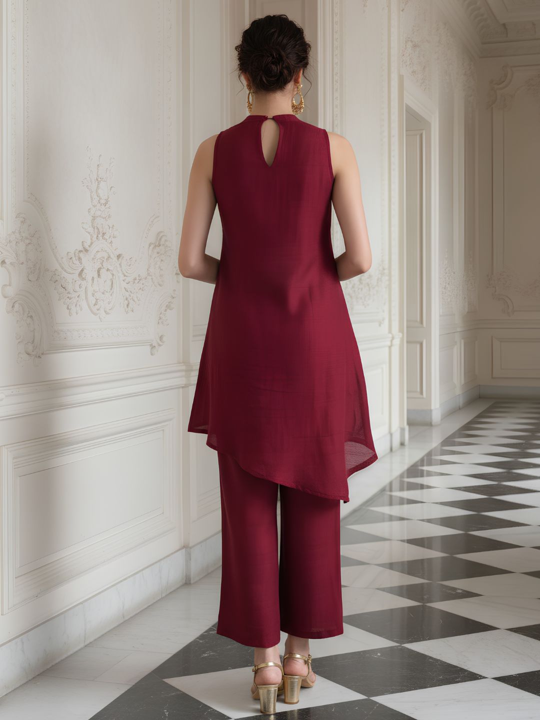 Red Marron Contemporary Asymmetrical Festive Co-Ord set