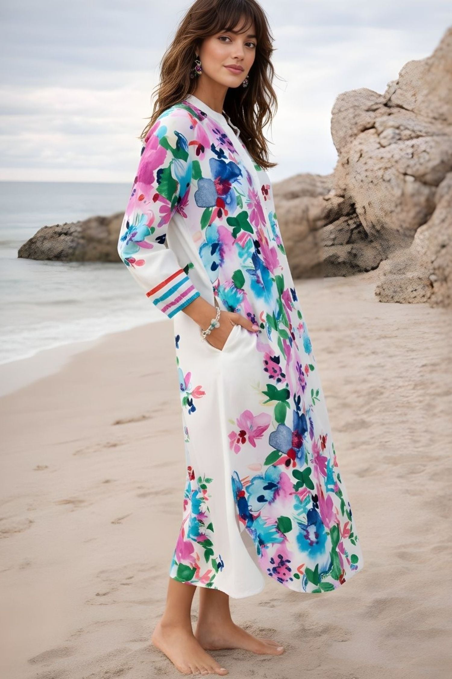 WHITE FLORAL VIBRANT A-LINE LONG SHIRT DRESS